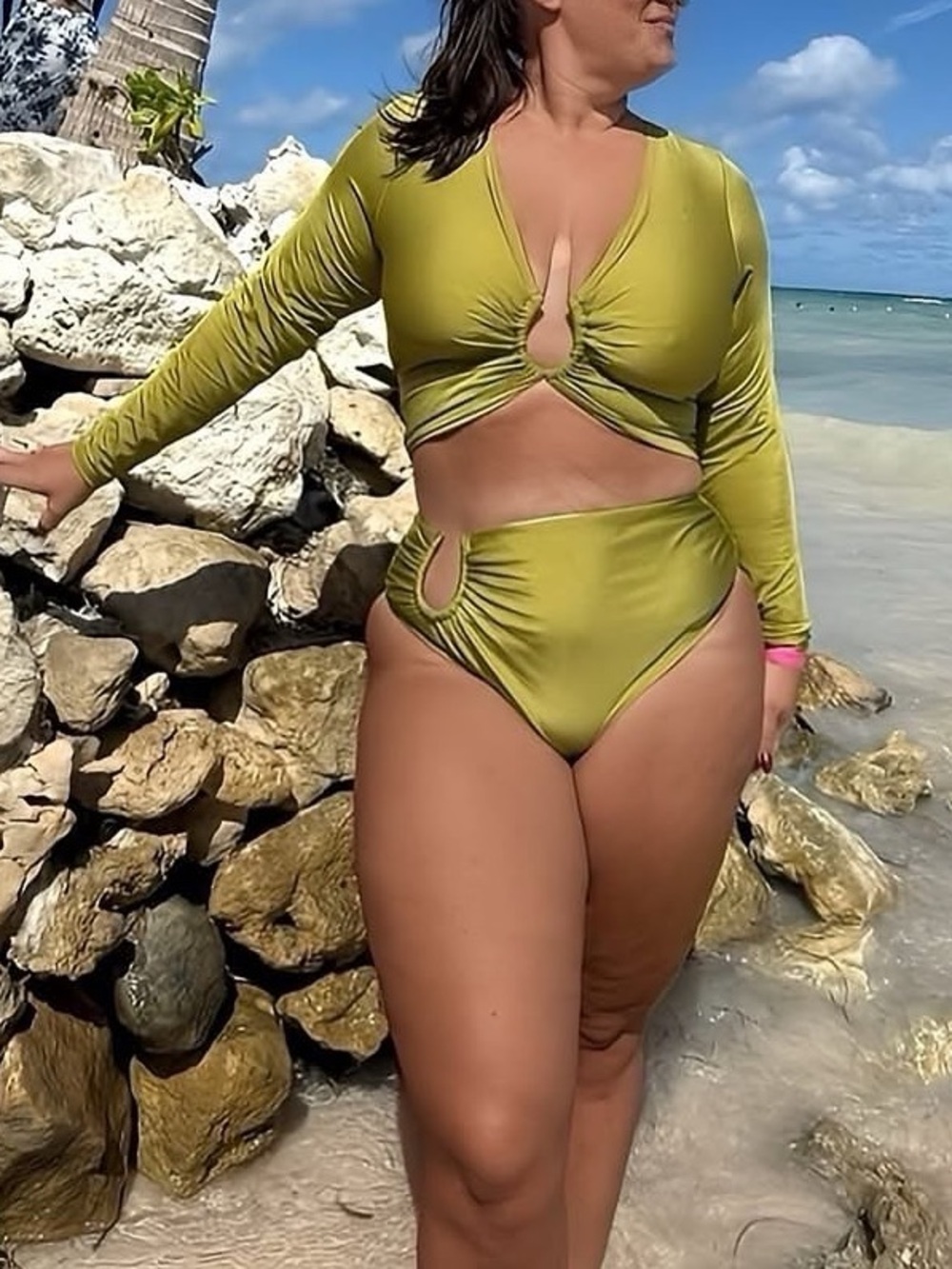 Long-Sleeve Cutout Bikini Swimsuit in Chartreuse